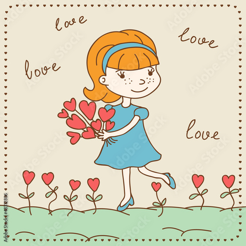 Vector: Vintage Valentine's day card of girl with hearts. Vintage Valentine's day card of girl with hearts.