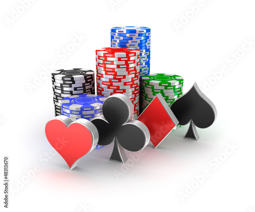 Illustration: Casino chips with signs in piles isolated on white. Casino chips with signs in piles isolated on white.
