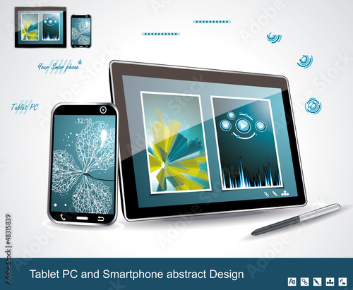 Vector: Black glossy tablet PC and touchscreen smartphone isolated on wh Black glossy tablet PC and touchscreen smartphone isolated on wh