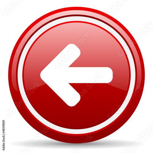 Illustration: arrow left red glossy icon on white background arrow left red glossy icon on white background