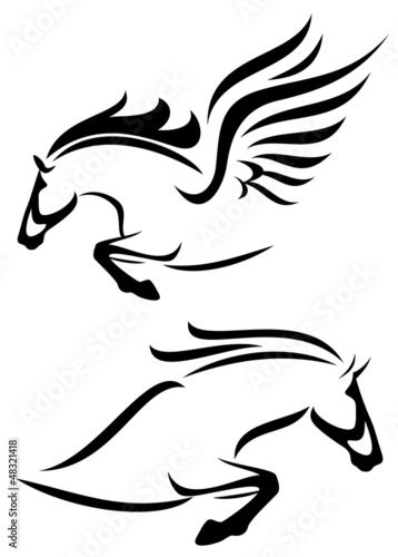 Vector: outlines of jumping horse and pegasus outlines of jumping horse and pegasus