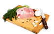 Raw fresh meat on board with condiments on white background