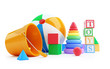 Illustration: toys alphabet cube, beach ball, pyramid toys alphabet cube, beach ball, pyramid