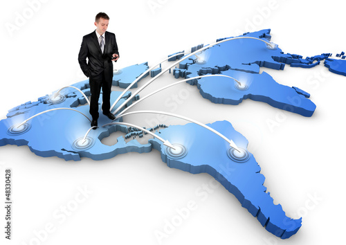 Photo: Man standing on a 3d world map, connection concept Man standing on a 3d world map, connection concept
