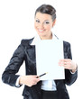 Âeautiful business woman with a white banner.