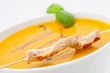 Kuerbissuppe mit Hähnchenspieß
