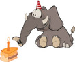The elephant calf and a slice cake. Cartoon