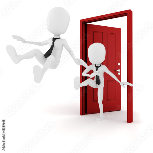 Illustration: 3d man kicked out from work, hard times in business 3d man kicked out from work, hard times in business
