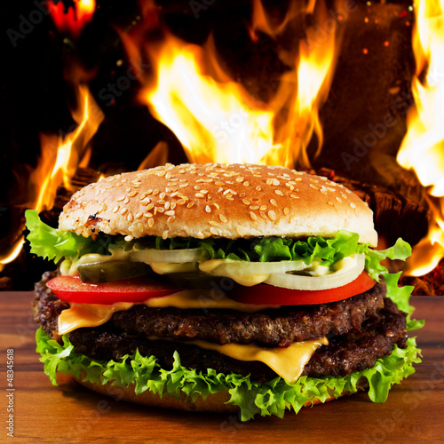 Photo: Hamburger - burger with grilled beef and vegetabes Hamburger - burger with grilled beef and vegetabes