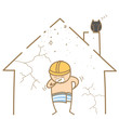 cartoon character of man brushing teeth in the old house