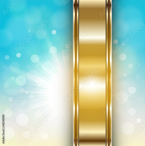 Vector: Abstract blue, sunny background with gold banner. Abstract blue, sunny background with gold banner.