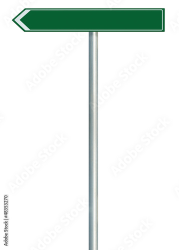 Illustration: Left road route direction pointer this way sign, green isolated Left road route direction pointer this way sign, green isolated