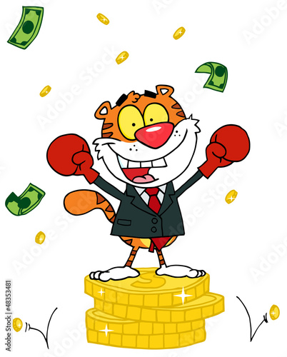 Vector: Cartoon Character Animal Happy Tiger Alated With Victory Cartoon Character Animal Happy Tiger Alated With Victory