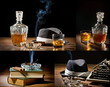 Collage of retro-Styled old typewriter, cigar, hat and whisky no