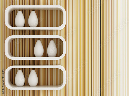 Illustration: wall and ceramic on shelf decorated, 3d rendering wall and ceramic on shelf decorated, 3d rendering