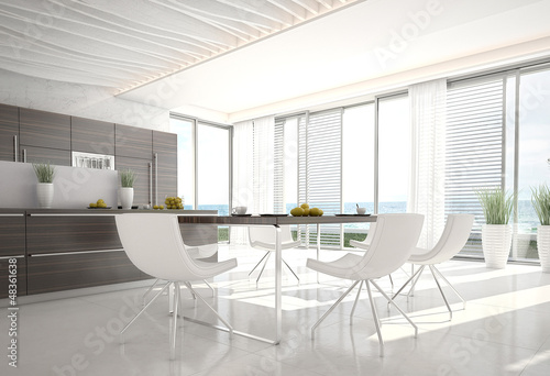 Illustration: Modern dining room interior with sea / ocean view Modern dining room interior with sea / ocean view
