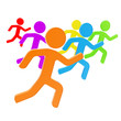 Group of symbolic human figures running for the leader