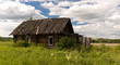 Old wooden cottage on the meadow near the forest