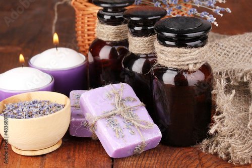 Photo: Lavender flowers and jar Lavender flowers and jar