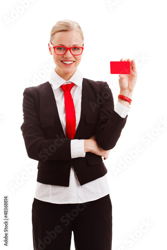 Photo: woman holding blank businesscard woman holding blank businesscard