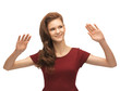 girl in red dress working with something imaginary