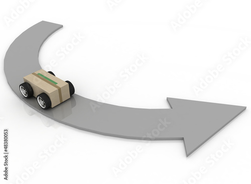 Illustration: cardboard box with car wheels. Concept of logistics cardboard box with car wheels. Concept of logistics