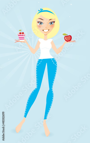Vector: cartoon pretty blonde woman choosing food healthy or sweet cartoon pretty blonde woman choosing food healthy or sweet