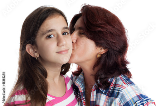 Photo: Hispanic mother kissing her beautiful daughter Hispanic mother kissing her beautiful daughter