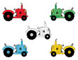 Collage Of Black And White, Red, Green, Blue And Yellow Tractors