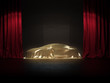 Illustration: Neuwagen Präsentation auf Show Bühne unter Goldenen Stoff Neuwagen Präsentation auf Show Bühne unter Goldenen Stoff