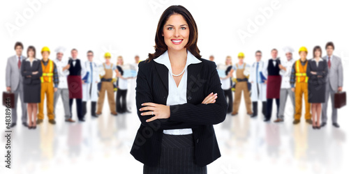 Photo: Business woman and group of workers people. Business woman and group of workers people.
