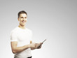 man holding touch pad