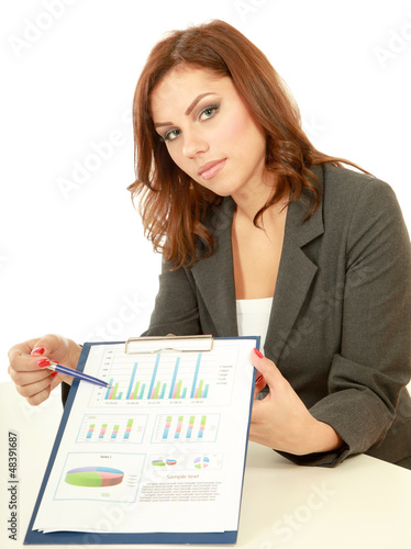 Photo: Young business woman with folder, isolated on white background Young business woman with folder, isolated on white background