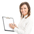 Happy businesswoman writing on clipboard, on white