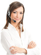 Portrait of support phone operator in headset, isolated
