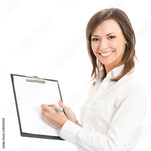 Photo: Happy businesswoman writing on clipboard, on white Happy businesswoman writing on clipboard, on white