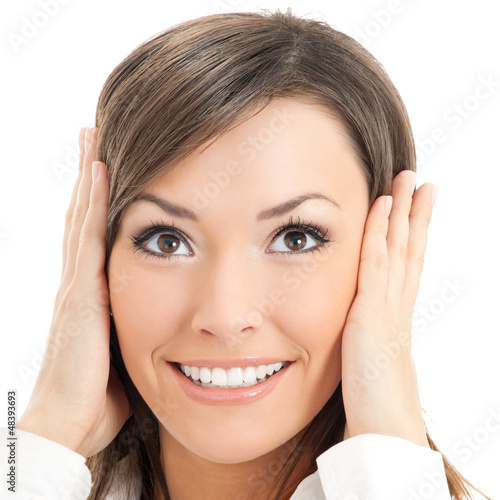 Photo: Portrait of happy expressive businesswoman, isolated on white ba Portrait of happy expressive businesswoman, isolated on white ba