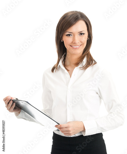 Photo: Happy businesswoman with clipboard, isolated Happy businesswoman with clipboard, isolated