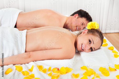 Photo: Smiling relaxed couple at a spa Smiling relaxed couple at a spa