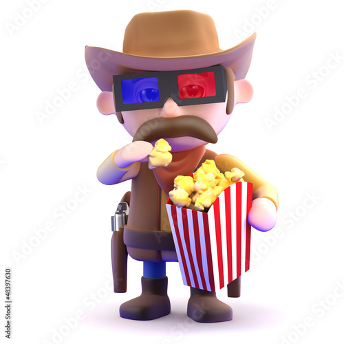 Illustration: Cowboy enjoys popcorn while watching a 3d film Cowboy enjoys popcorn while watching a 3d film