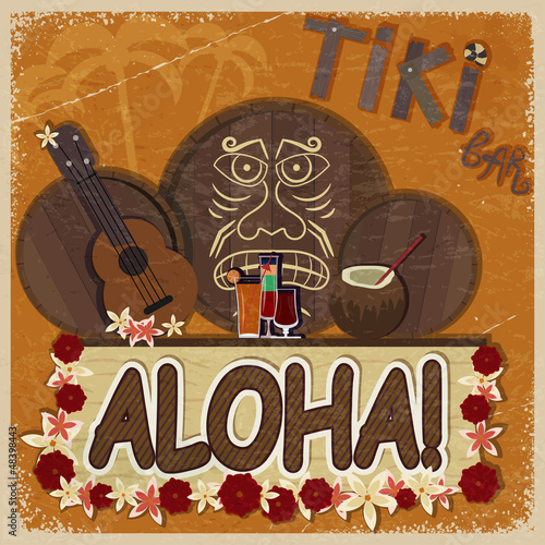 Vintage orange card - signboard tiki bar - with the image ukulel