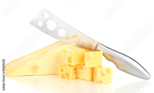 Photo: Cut cheese with knife isolated on white Cut cheese with knife isolated on white