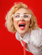 Close-up funny woman screaming, isolated on red background