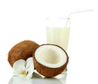 Coconuts with glass of milk, isolated on white
