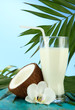 Coconut with glass of milk,  on blue background