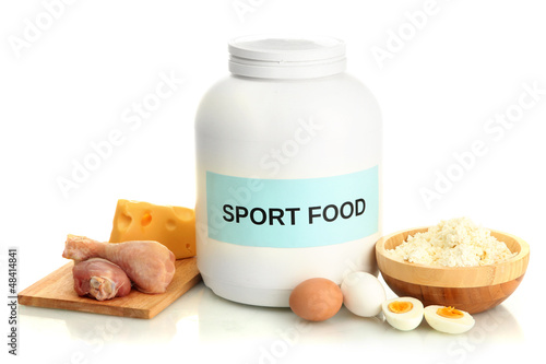 Photo: jar of protein powder and food with protein, isolated on white jar of protein powder and food with protein, isolated on white