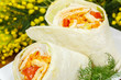 grilled chicken and vegetables wrapped in  tortilla.