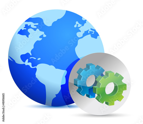 Illustration: earth and sign showing gears. earth and sign showing gears.