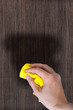 hand with a rag to dust the wood furniture, horizontal image