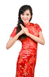 pretty girl with cheongsam wishing you a happy Chinese new year